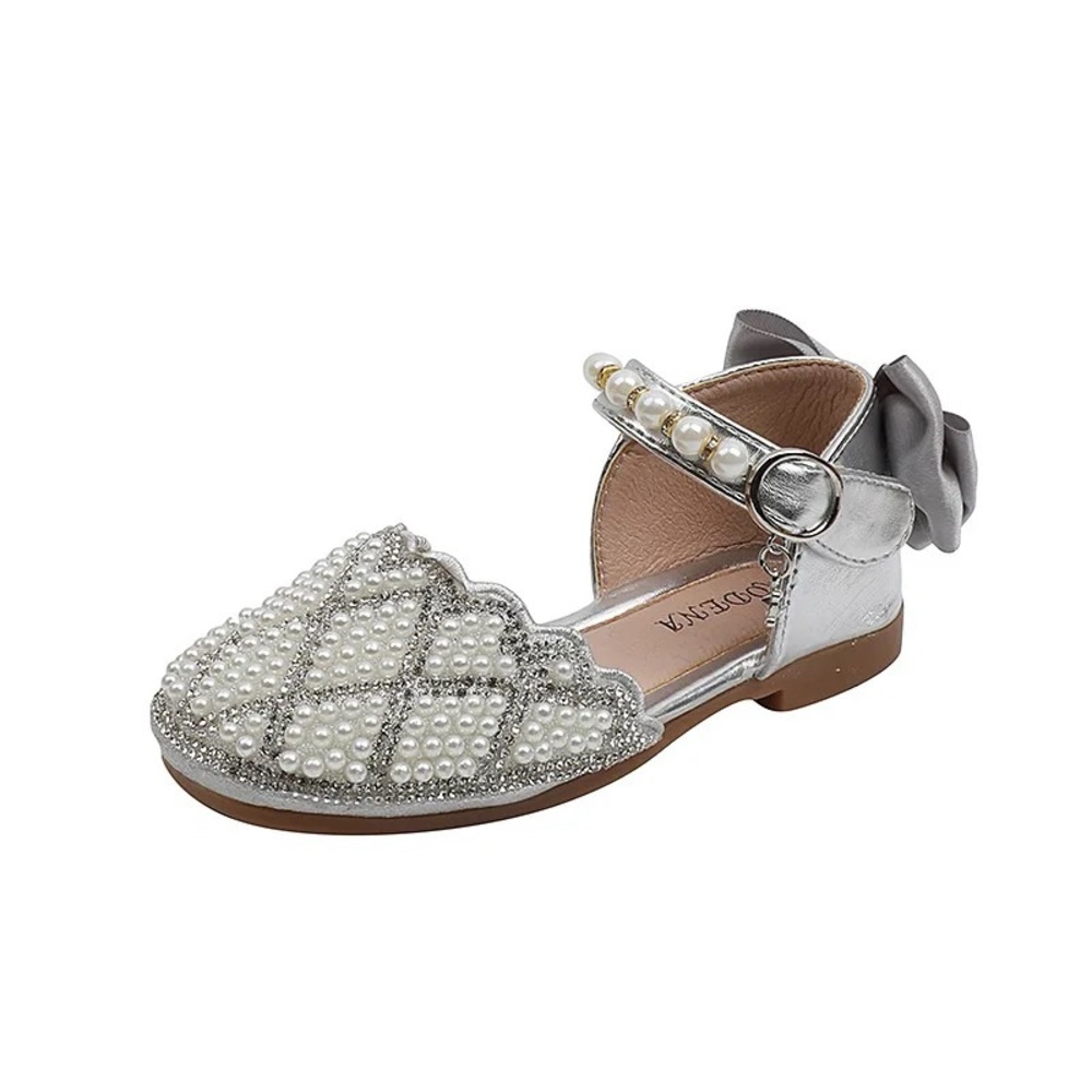 Girls Mary Jane Ballerina Flat Dress Shoes Pearl Rhinestone Glitter flats - Picture 4 of 10